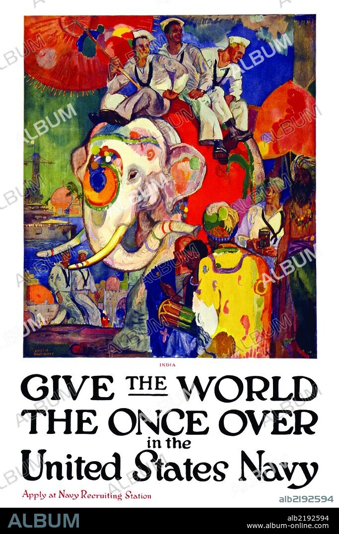 Poster showing sailors as tourists in India, riding an elephant and taking snapshots.
