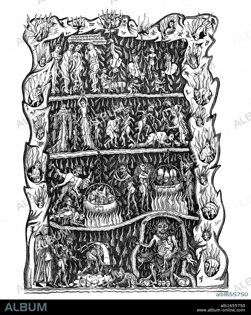Hell: Engraving after miniature in 12th century manuscript Hortus deliciarum produced in monastery at Hohembourg and destroyed in the burning of Strasbourg Library during the Franco-Prussian War 1870-1871.