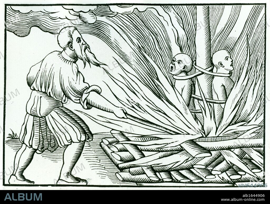 Execution by burning at the stake. Persons accused of spreading plague were dealt with summarily, and the slightest suspicion was enough for someone to be condemned by a frightened populace. From Sebastian Munster "Cosmographia Universalis", Basle, 1552.