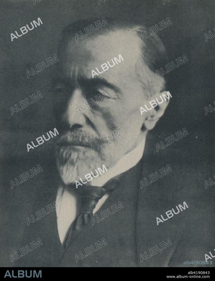 'Joseph Conrad', c1923, (c1950). Polish-born British novelist Joseph Conrad 1857-1924) wrote in English - his novels include Lord Jim, The Secret Agent, and Heart of Darkness, the inspiration for the film Apocalypse Now. From The Outline of Literature, edited by John Drinkwater. [George Newnes Limited, London, c1950].