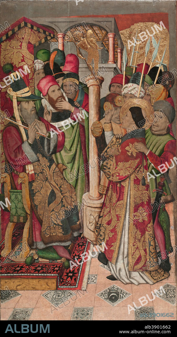 JAUME HUGUET. Saint Vincent before Dacian. Date/Period: Ca. 1455-1460. Painting. Tempera, stucco reliefs and gold leaf on wood. Height: 1,760 mm (69.29 in); Width: 978 mm (38.50 in).