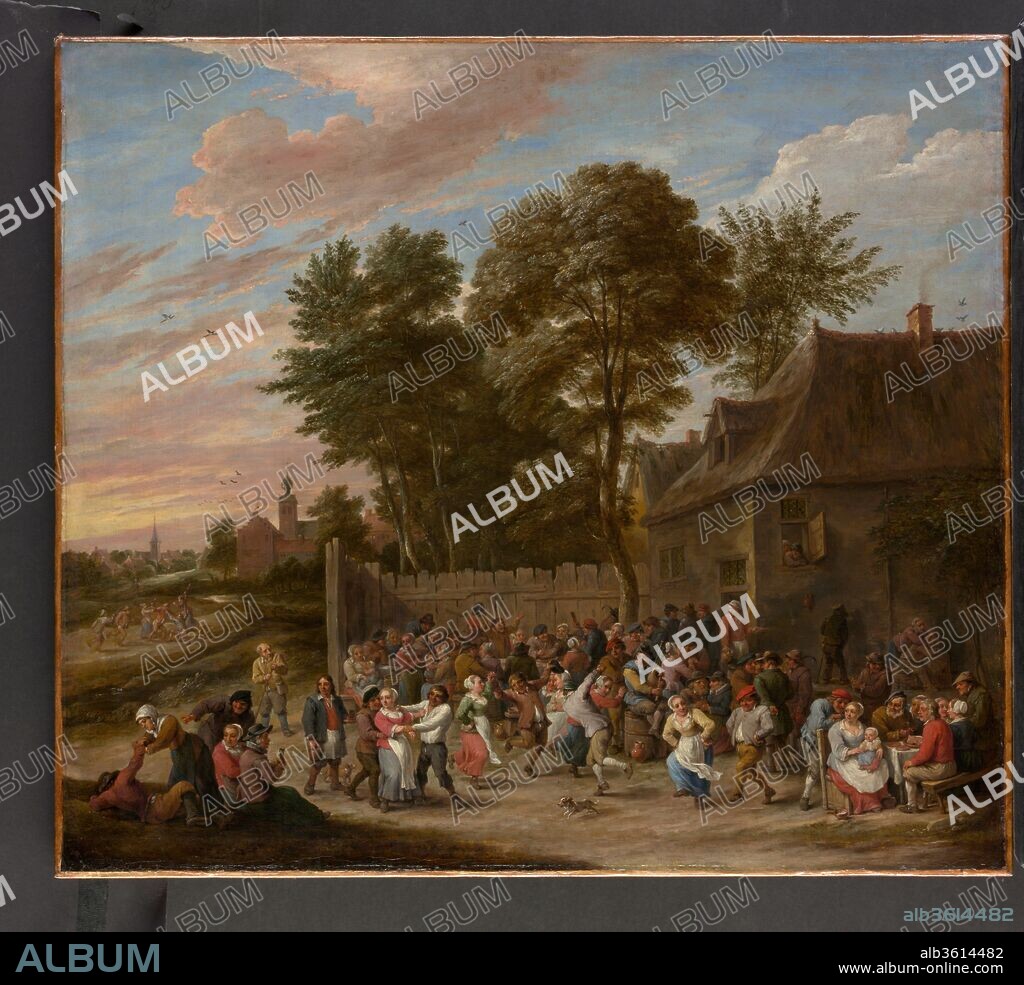 Peasants Dancing and Feasting. Artist: David Teniers the Younger (Flemish, Antwerp 1610-1690 Brussels). Dimensions: 25 1/8 x 29 1/2 in. (63.8 x 74.9 cm); with added strip 26 7/8 x 29 1/2 in. (68.3 x 74.9 cm). Date: ca. 1660.
In this canvas of about 1660 Teniers treats a theme that may be traced back at least a century to Pieter Bruegel the Elder. There are several signs of excess behavior but the artist was clearly less concerned with preaching than with conveying the mood of the crowd. That such sunny spirits prevailed in the countryside was a view mostly entertained in the city.