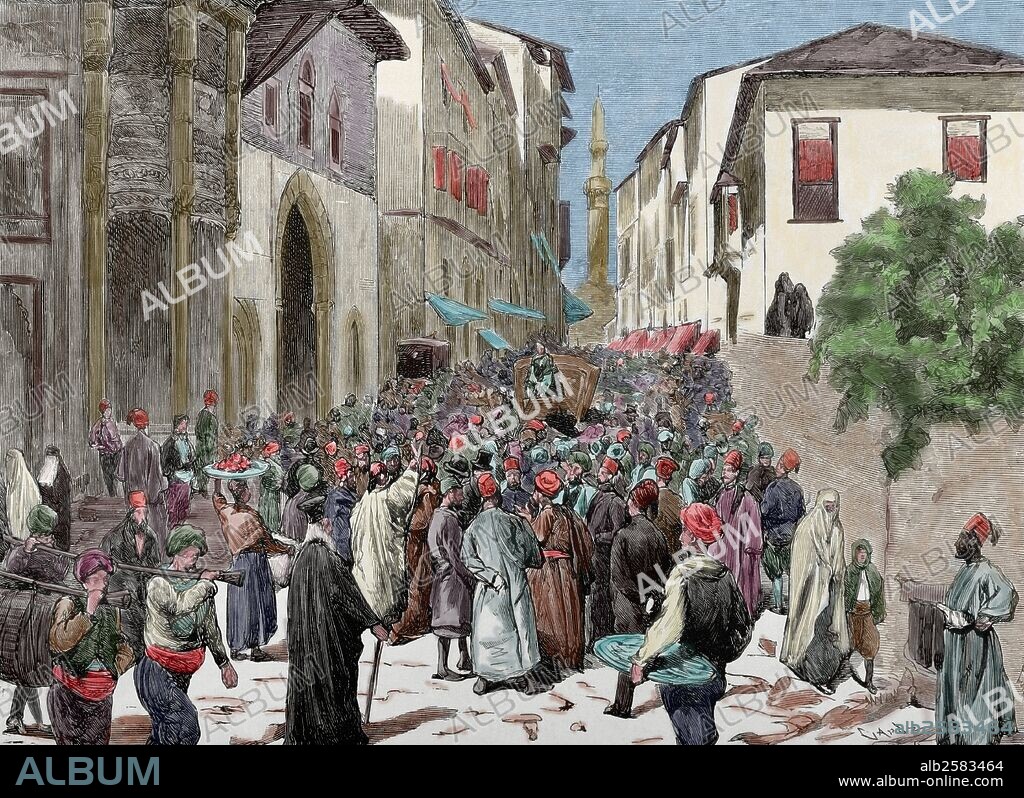 HISTORIA. TURQUIA. SIGLO XIX. Manifestación de los softas contra el Ministerio de Mahmud-Nedim-Pacha, en la calle Divan-Yolou. Grabado por Capuz. "La Ilustración Española y Americana", 1876. Coloreado.