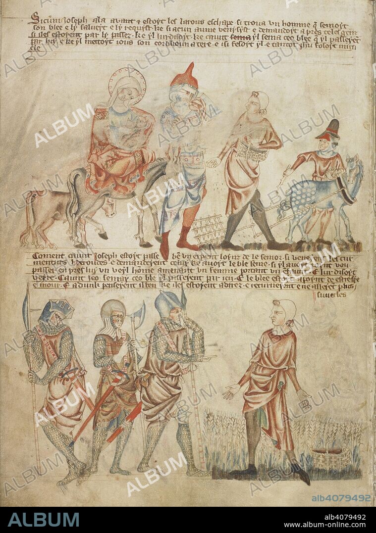 Miracles during the journey to Egypt (from the gospel of Pseudo-Matthew): the holy family pass by two men sowing corn; the miracle of the growing corn, with Herod's soldiers interrogating the sower while the corn has already grown. Holkham Bible Picture Book. England, circa 1320-1330. Source: Add. 47682, f.14v.