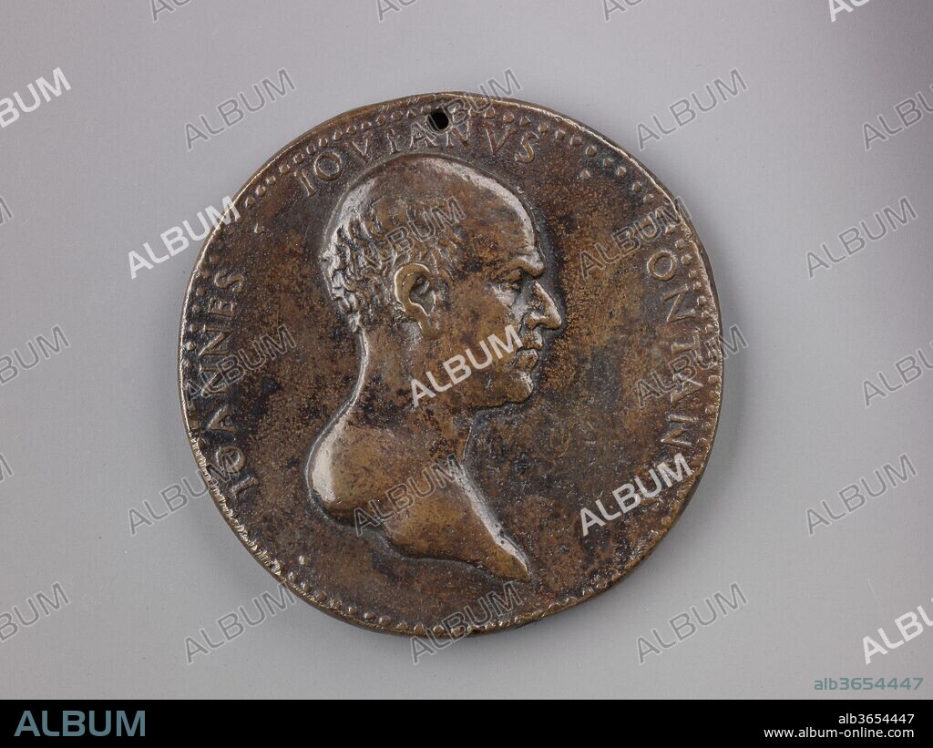 Portrait medal of Giovanni Giovano Pontano. Artist: Adriano Fiorentino (Adriano di Giovanni de' Maestri) (Italian, Florence (?) born ca. 1450-60, died 1499 Florence). Dimensions: Diam. 8.4 cm, wt. 219.38 g.. Date: model last quarter 15th century (cast 16th century).
Giovanni Gioviano Pontano was a humanist and prolific writer in Latin. He was also an educator at the royal house of Aragon in Naples, where he served as tutor to Ferdinand II and secretary to his mother, Ippolita Sforza. Pontano later turned against his Aragonese patrons in writings endorsing their enemy, Louis XII of France. 
The medal's reverse shows the personifcation of Urania holding a lyre and a starry globe, an allusion to a poem by Pontano.