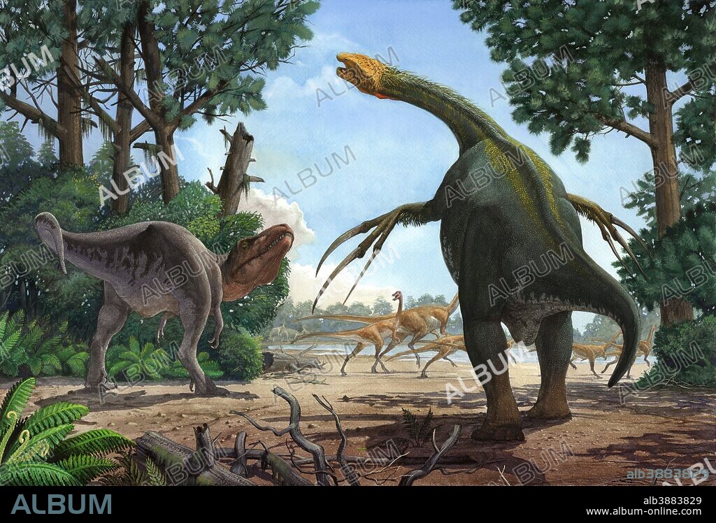 A Therizinosaurus emerges from the undergrowth to prevent a young Tarbosaurus in his hunt for Gallimimus.