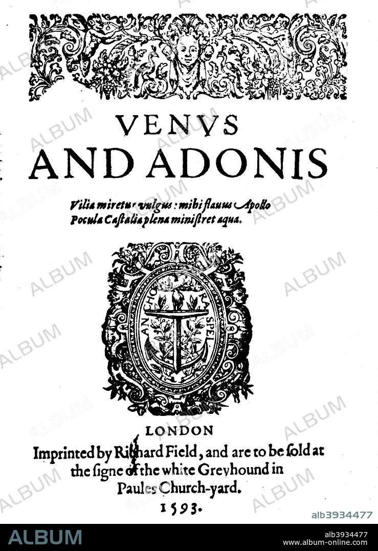 'Shakespeare's First Published Work - 1st Edition of Venus and Adonis', 1593, (1946). Venus and Adonis is a poem by William Shakespeare (1564-1616), written between 1592?1593, with a plot based on The Metamorphoses a latin narrative poem by Publius Ovidius Naso (43 BC-AD 17/18). From English Printed Books, by Francis Meynell. [Collins, London, 1946].