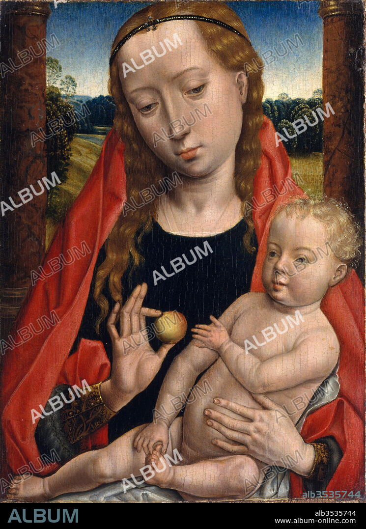 Virgin and Child, ca. 1490, Oil on wood, Overall 10 3/4 x 8 1/4 in. (27.3 x 21 cm); painted surface 9 x 6 5/8 in. (22.9 x 16.8 cm), Paintings, Workshop of Hans Memling (Netherlandish, Seligenstadt, active by 1465–died 1494 Bruges), This picture was most likely the pendant to a portrait or the central element of a triptych; the apple handed to the Child alludes to Christ as the future Redeemer of mankind. Although a workshop product, the composition was freely drawn on the panel after a pattern, rather than transferred through mechanical means.
