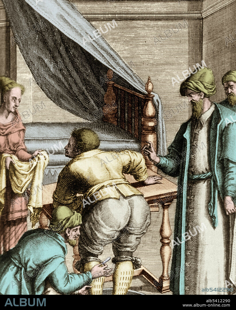 Engraving entitled: Bloodletting procedure. A man is making incisions with a lancet on the backs of the legs of a man standing in a tub of water; a woman stands to the left with a towel; other instruments and another tub are on the floor; the physician(?) stands to the right. Bloodletting was based on an ancient system of medicine in which blood and other bodily fluid were considered to be "humors" the proper balance of which maintained health, but it often weakened sick patients. It was the most common medical practice performed by doctors from antiquity up to the late 19th century, a time span of almost 2,000 years. Leeches could also be used. The withdrawal of so much blood as to induce syncope (fainting) was considered beneficial, and many sessions would only end when the patient began to swoon.