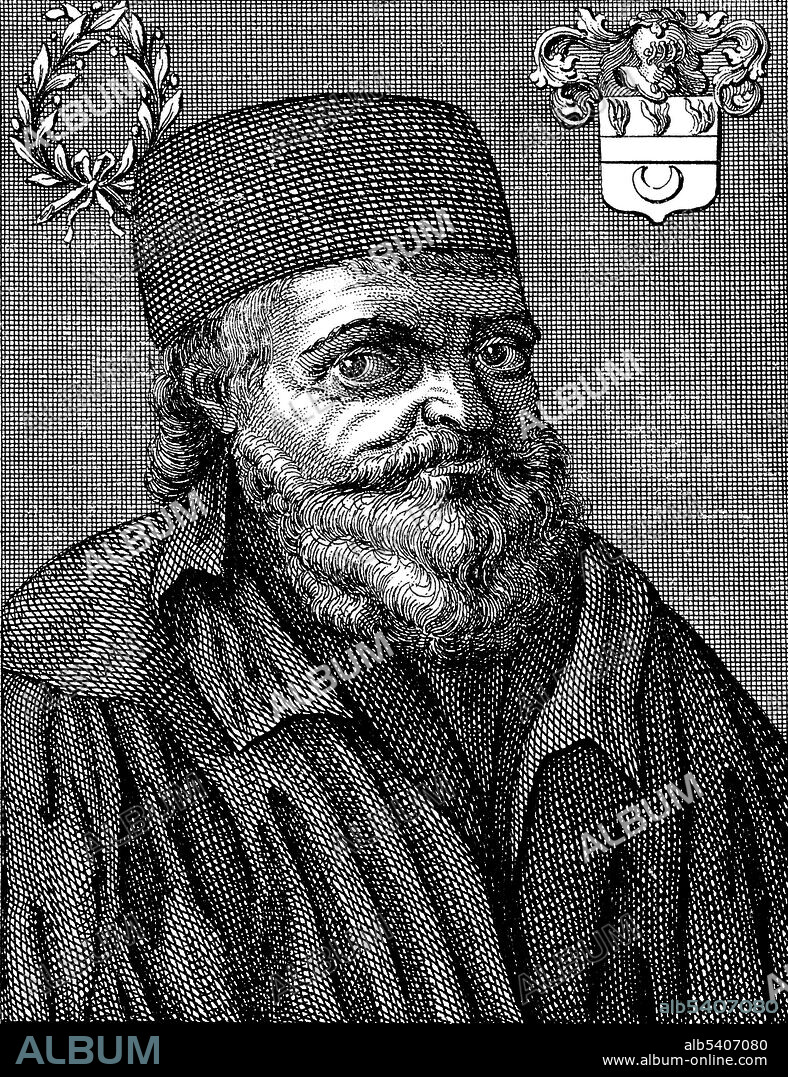 Nicolas Flamel (1330 - March 22, 1418) was a French scribe and manuscript-seller. After his death, Flamel developed a reputation as an alchemist believed to have discovered the philosopher's stone and to have thereby achieved immortality.  According to texts ascribed to Flamel almost 200 years after his death, he had learned alchemical secrets from a Jewish converso on the road to Santiago de Compostela. He has since appeared as a legendary alchemist in various fictional works. There is no indication that the real Flamel of history was involved in alchemy, pharmacy or medicine. No artist credited, undated (cropped and cleaned).