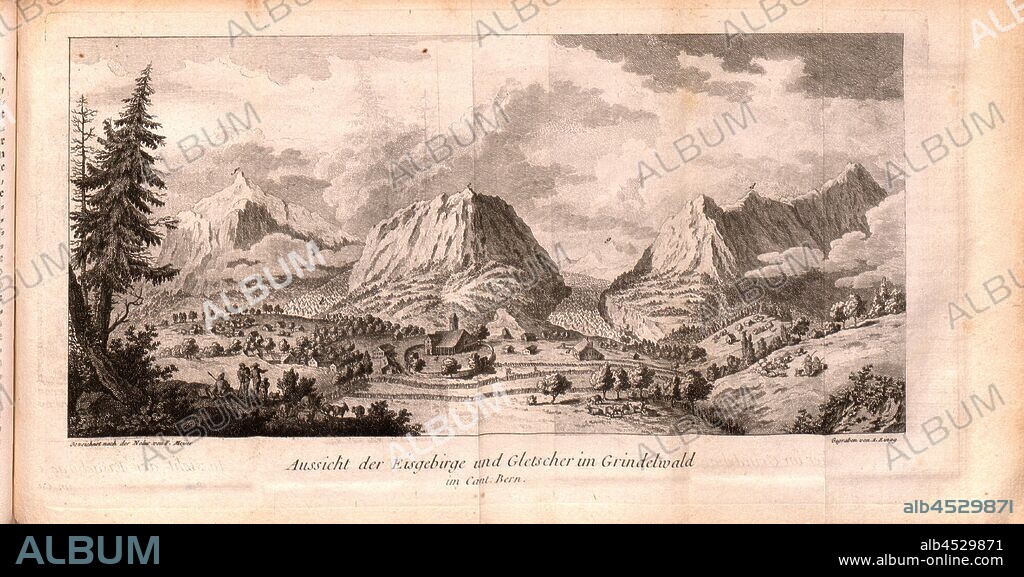 View of the icebergs and glaciers in Grindelwald in the canton. Bern, View of the Grindelwald Glacier with church and vicarage of Grindelwald, Eiger's Breithorn, Mettenberg, Wetterhorn and Fiescherhorn, Signed: signed after the nature of F. Meyer, dug by A. Zingg, pl. 9, after, P. 10 (part 2), Meyer, F. (gezeichnet); Zingg, Adrian (gegraben), 1778, Gottlieb Sigmund Gruner, Reisen durch die merkwürdigsten Gegenden Helvetiens (...). Londen [i. e. Bern]: bey der typographischen Gesellschaft, 1778.