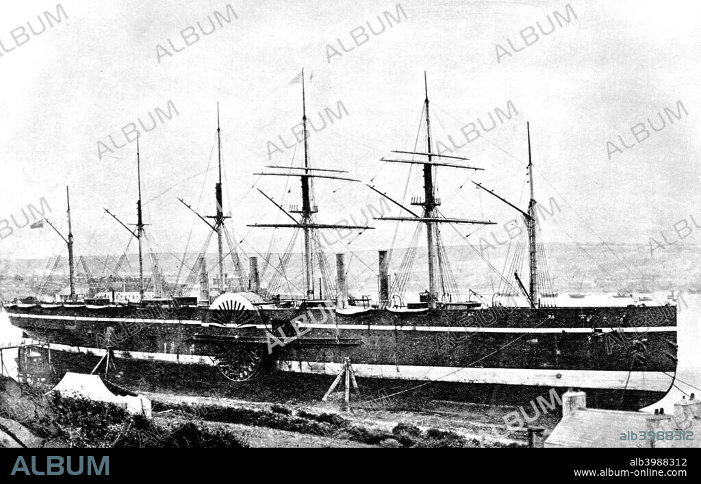 SS 'Great Eastern', 1859. Pictured at the port of Le Havre, France. Isambard Kingdom Brunel proposed to the Eastern Steam Navigation Company the construction of a steamship five or six times the size of any then in use. It would use two forms of power: paddle-wheels and screw-engines. Constructed from iron at Millwall, London, between 1853 and 1858, the Great Eastern was the largest vessel afloat until she was broken up in 1888. Only in 1899 were her dimensions exceeded by the SS 'Oceanic'.  The Great Eastern was not a success as a passenger vessel and was sold for a fraction of her building cost. She was used as a cable-laying ship, most notably laying the Transatlantic telegraph cable in 1865-1866.