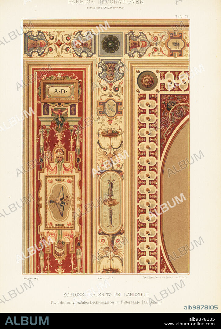 Part of the ornamental ceiling painting in the knights hall, Trausnitz Castle, Landshut, Germany, 16th century. Theil der ornamentalen Deckenmalerei im Rittersaale, Schloss Trausnitz bei Landshut XVI Jahrh. Chromolithograph by I. Wagner from Ernst Ewalds Farbige decorationen, alter und never Zeit (Color decoration, ancient and new eras), Ernst Wasmuth, Berlin, 1889.