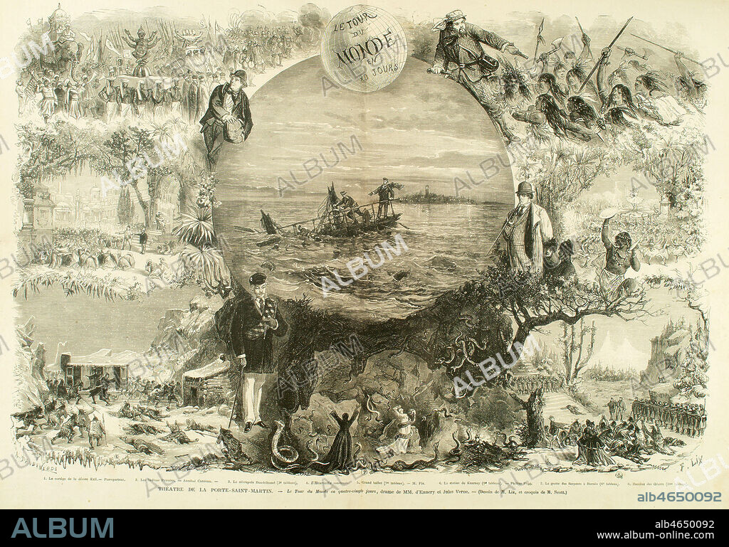 'Le Tour du Monde en 80 jours' de Jules VERNE (1828-1905). Illustration inaugurant le succes de la piece jouee en 1874 au theatre de la Porte Saint Martin a Paris, et adaptée par Adolphe D' ENNERY (1811-1899). Illustration de F. LIX (1830-1897) pour Le Monde Illustre du 14/11/1874. Credit: Collection Kharbine-Tapabor.