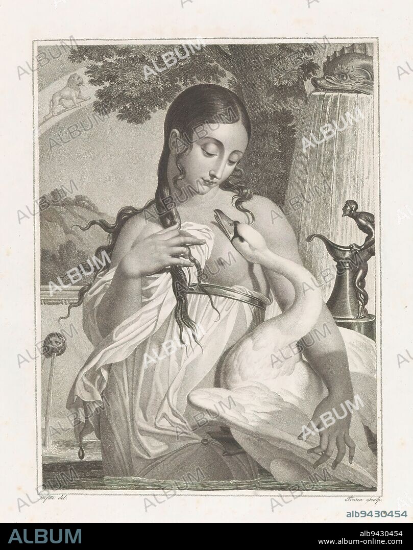 Thermidor (July 19 - August 17), The Twelve Months of the French Republican Calendar (series title), Les Mois républicains (series title), Personification of Thermidor, or Warm Month (Leo, July 19 - August 17) as bathing woman with a swan at her breast., print maker: Salvatore Tresca, (mentioned on object), after design by: Louis Lafitte, (mentioned on object), Paris, 1792 - 1794, paper, etching, engraving, height 351 mm × width 271 mm.