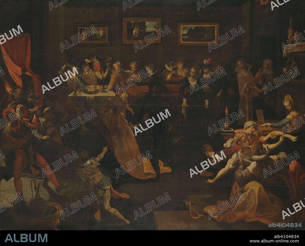 Night Banquet and Masquerade. Painter: Joos van Winghe (copy after). Print maker: Johann Sadeler (I) (copy after). Dating: 1580 - 1630. Measurements: h 116 cm × w 152 cm × t 3.0 cm; d 7.8 cm.