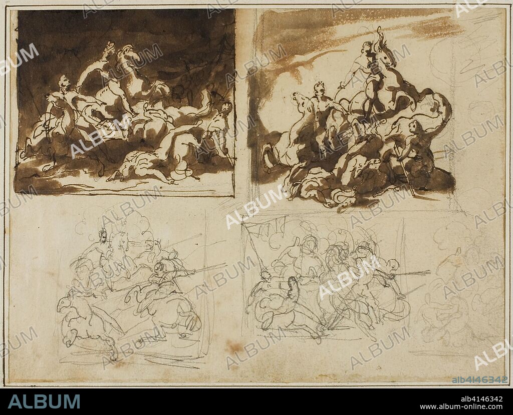 Five Sketches for a Cavalry Battle. Jean Louis André Théodore Géricault; French, 1791-1824. Date: 1813-1814. Dimensions: 172 × 228 mm. Pen and brown ink with brush and brown wash, over graphite, on cream wove paper, perimeter mounted on ivory laid paper. Origin: France.