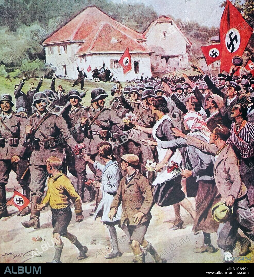 German soldiers enter the Sudeten land in 1938. The Sudeten crisis of 1938 was provoked by the demands of Nazi Germany that the Sudetenland be annexed to Germany, which in fact took place after the later infamous Munich Agreement.