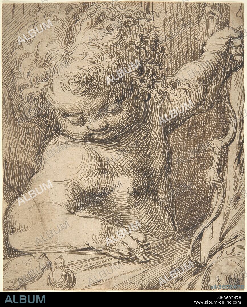 Cupid with Two Doves. Artist: Toussaint Dubreuil (French, Paris ca. 1561-1602 Paris). Dimensions: 7 3/4 x 6 13/16 in.  (19.7 x 17.3 cm). Former Attribution: Formerly attributed to Martin Fréminet (French, Paris 1567-1619 Paris).