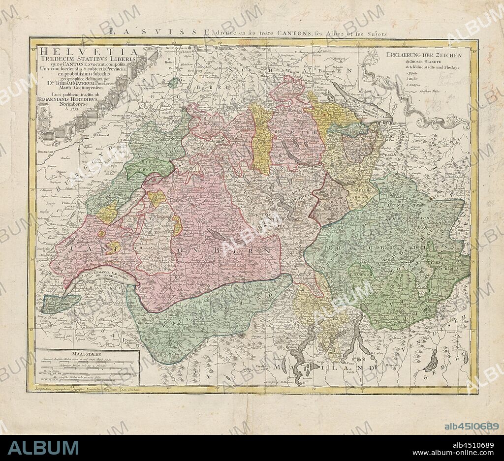 Switzerland Thirteen States which are free Cantones call ..., 12. Helvetia (Schweitz), signed: ... delineata by D. Tobiam Mayerum ... Luci publicae tradita from Homannianis Heredibus, Taf. 6, Mayer, Tobias (del.); Homannische Erben (publ.), Atlas minor ex XVIII. tabulis geographicis: ad mentem Hubneri atque Schazii colorum ope rite distinctis et ad usum scholarum accommodatis compendiose compositus = Kleiner Atlas von achtzehen der nöthigsten Land-Charten: nach Anleitung der Hübnerisch-Schatzischen Methode und Ordnung also zum bequemen Schul-Gebrauch illuminirt und eingerichtet. Norimbergae: Officina Homanniana / Homannische Officin, [1730]-[1776].