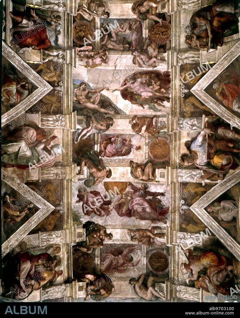 The ceiling of the Sistine Chapel in the Vatican, Rome. Showing the Creation of Adam, with God and Eve separating the light from the dark. (1511-12) fresco.. Michelangelo di Lodovico Buonarroti Simoni, commonly known as Michelangelo, (March 6, 1475 - February 18, 1564) was a Renaissance sculptor, architect, painter, and poet.. ©TopFoto.