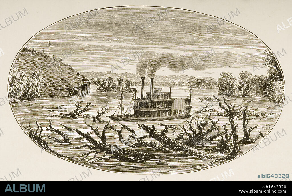 Paddle steamer on the Upper Missouri in 1870s. From American Pictures Drawn With Pen And Pencil by Rev Samuel Manning circa 1880.