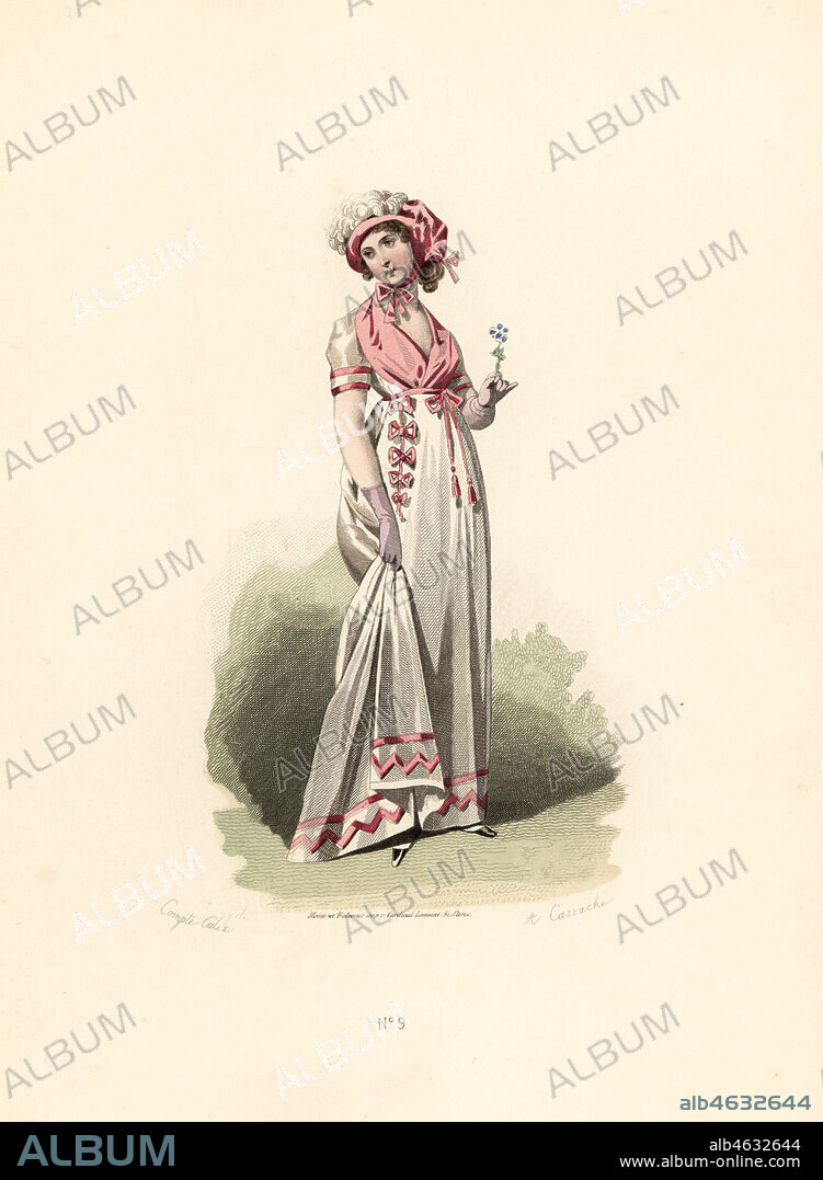 Woman in white dress, pink fichu and corsage, pink bonnet-chapeau. Handcoloured lithograph by A. Carrache after an illustration by Francois-Claudius Compte-Calix from Les Modes Parisienne sous le Directoire Aux Bureaux des Modes Parisiennes, Paris, 1871.