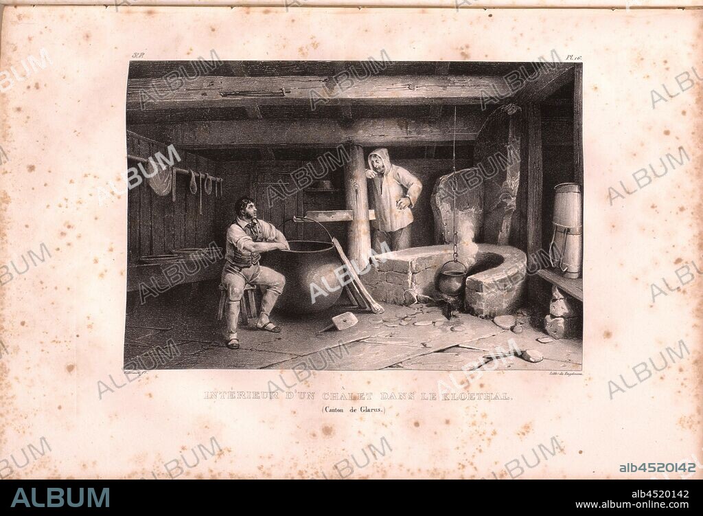 Interior of a chalet in the Kloethal, Alpine hut in Klöntal, signed: Villeneuve, Engelmann, lithograph, plate 16 (vol. 1, part 3), Villeneuve, M. (ft.); Engelmann, Godefroy (lith.), 1823, Hilaire Léon Sazerac, Godefroy Engelmann: Lettres sur la Suisse (...). Paris: [s.n.], 1823-1832.