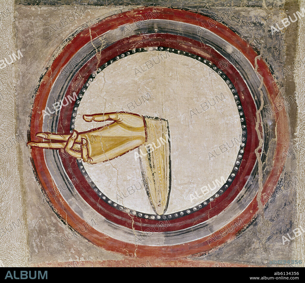 MAESTRO DE TAHULL (SIGLO XII). DETALLE - MANO DE DIOS - DEXTRA DEI - PINTURA DE LA IGLESIA DE SAN CLEMENTE DE TAHULL - SIGLO XII - ROMANICO CATALAN.