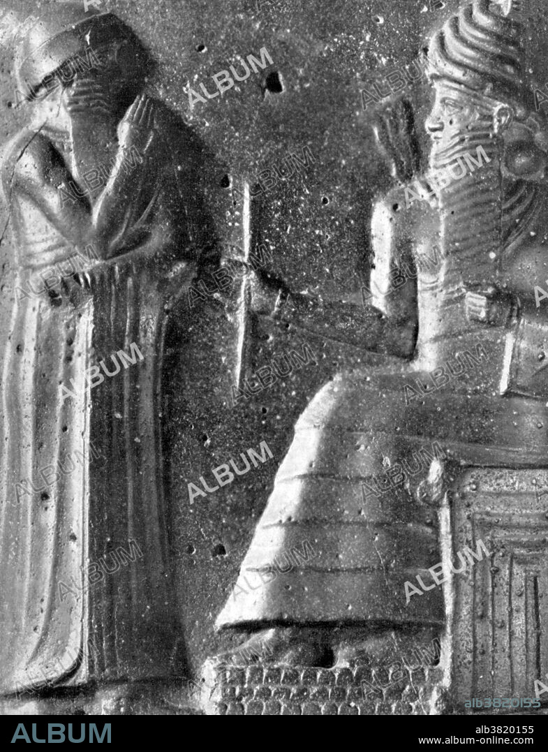 Top portion of the Hammurabi stele. Hammurabi is depicted as standing before Sun God, Shamash. Hammurabi (1810-1750 BC)) was the sixth king of Babylon. He became the first king of the Babylonian Empire following the abdication of his father, Sin-Muballit, extending Babylon's control over Mesopotamia by winning a series of wars against neighboring kingdoms. Hammurabi is known for the set of laws called Hammurabi's Code, one of the first written codes of law in recorded history. These laws were inscribed on stone tablets (stele) standing over eight feet tall, of unknown provenance, found in Persia in 1901. The stele is decorated with a bas-relief of Hammurabi being commissioned by the sun god Shamash to inscribe the laws. The code contains nearly 4,000 lines of text containing around 282 laws, a historical prologue, and a literary and religious epilogue. Owing to his reputation in modern times as an ancient law-giver, Hammurabi's portrait is in many government buildings throughout the world.