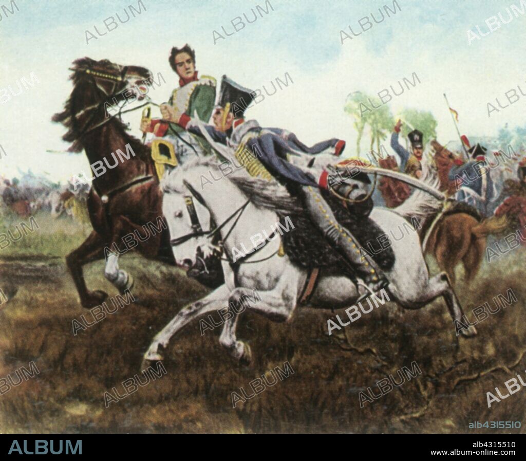 Episode during the Battle of Dennewitz, 6 September 1813, (1936). 'Episode Aus Der Schlacht Bei Dennewitz, 6 September 1813'. The Battle of Dennewitz, between the forces of the First French Empire and an army of Prussians and Russians of the Sixth Coalition, was fought near Dennewitz, a village in the Prussian province of Brandenburg, (now in Germany). From "Bilder Deutscher Geschichte", (Pictures of German History), No.12, cigarette card album. [Cigaretten-Bilderdienst, Altona-Bahrenfeld, Hamburg, Germany, 1936].