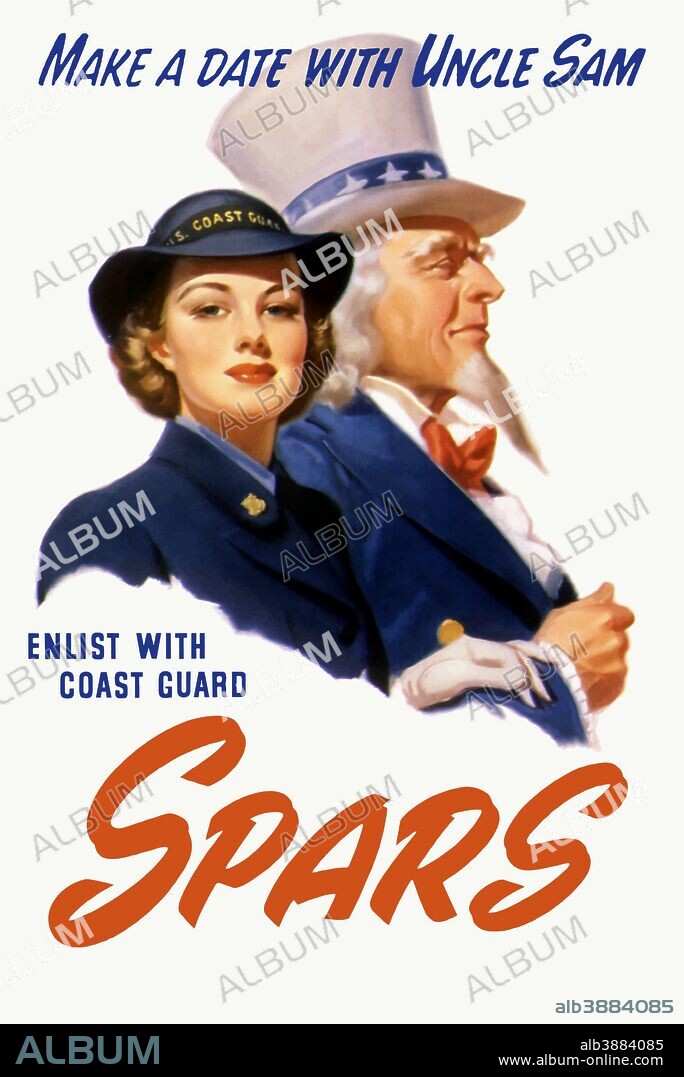 Vintage World War II poster featuring a female Coast Guard Cadet and Uncle Sam. It reads, Make a date with Uncle Sam, Enlist With Coast Guard SPARS.