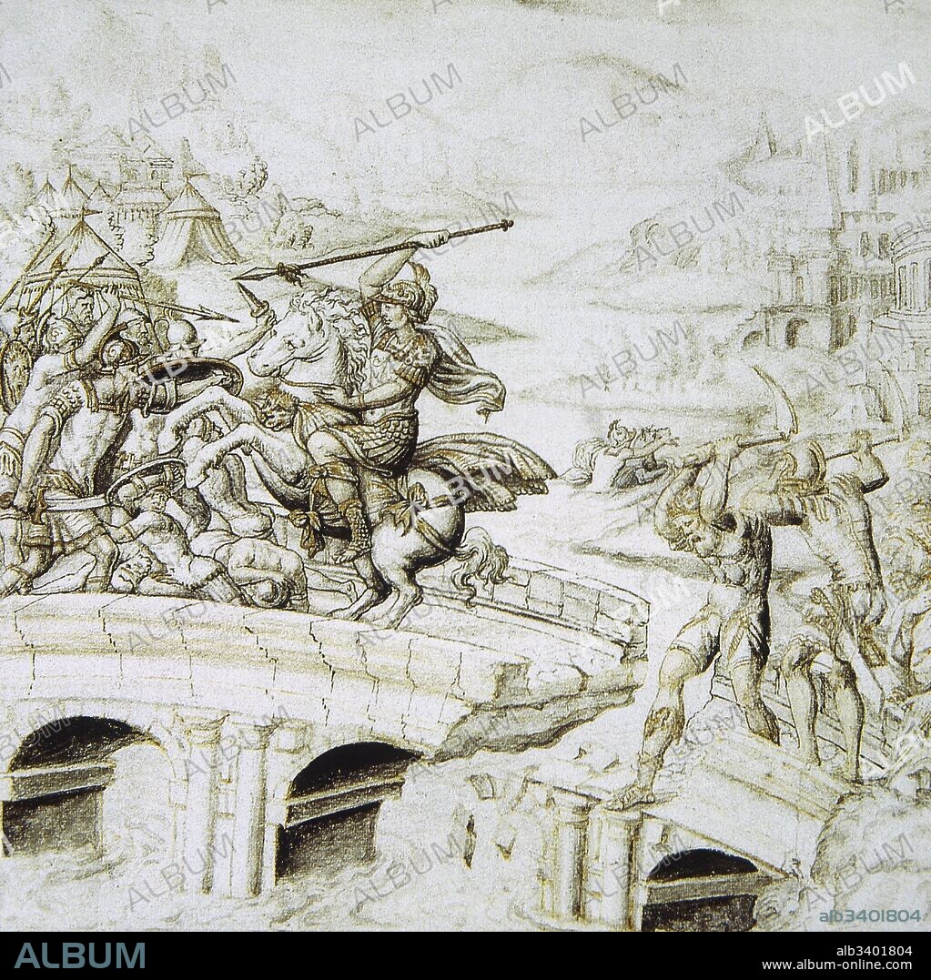 Horacio Cocles, héroe mítico romano del siglo VI a. C. Defendió en solitario el puente "Pons Sublicus", que conducía a Roma contra los etruscos liberados por Lars Porsena. Miniatura de un códice del siglo XIV donde Horacio Cocles lucha contra los etruscos. Museo Condé. Castillo de Chantilly. Francia.