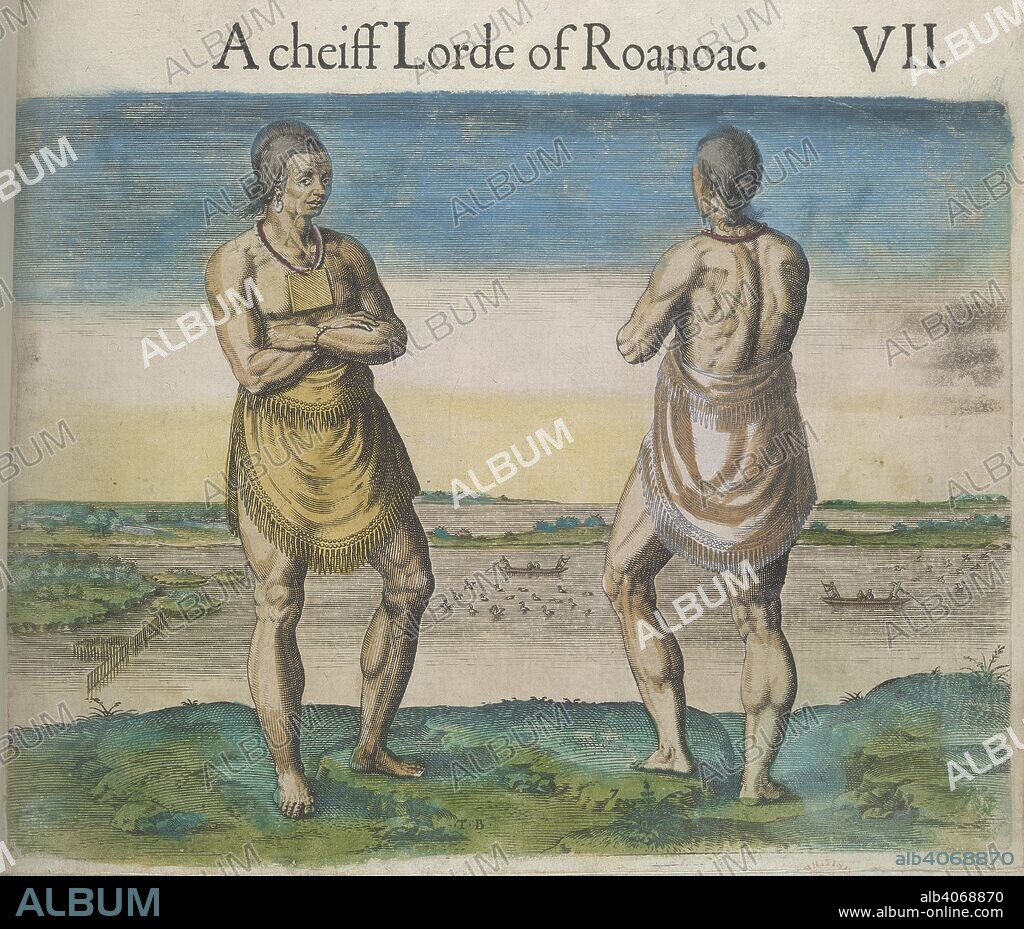 THEODOR DE BRY, WILLIAM STRACHEY and JOHN WHITE. 'A Cheiff lorde of Roanoke'. Engraving of an elderly man wearing a double apron-skirt of fringed deerskin, edged with a double row of beads. Around his neck is a short single-string necklace of beads, with a square metal gorget hanging on the chest. The figure is duplicated, to show the rear view, and is set against a landscape of figures fishing from canoes, a weir and trap, and low tree-lined hills . Travels through Virginia. [From Theodor De Bry's 'America', Vol. 1, 1590, after a drawing of John White]. England; 1618. Source: Sloane 1622, f.76. Language: English.