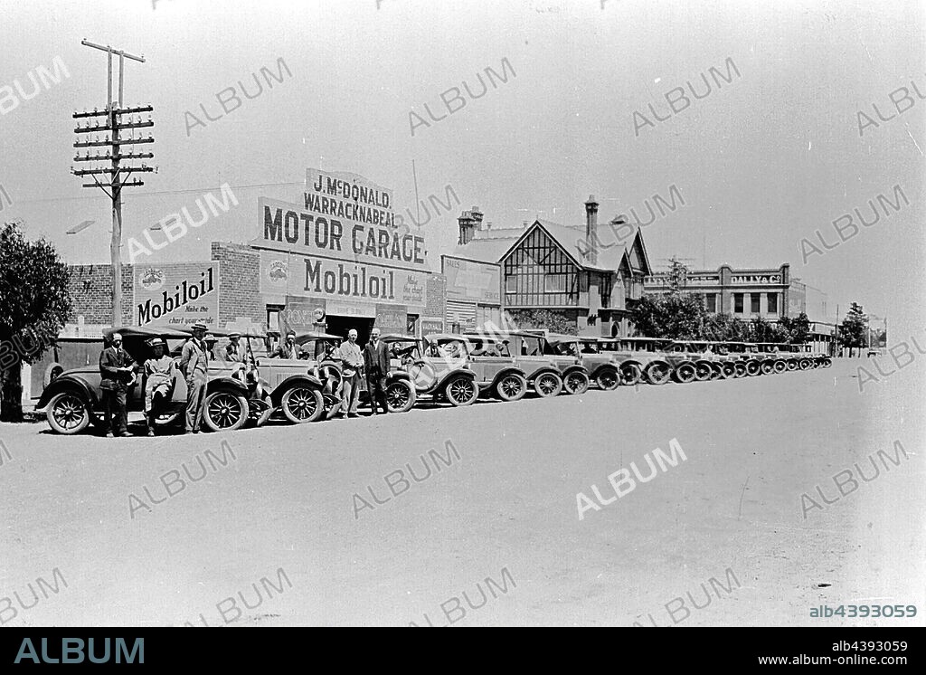 Negative - Warracknabeal, Victoria, 1920-1930, A line up of Chevrolet cars outside J. Mcdonald Motor Garage.