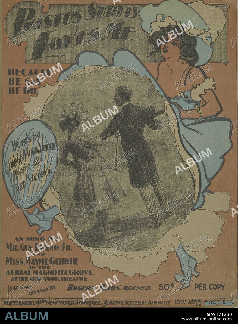 'Rastus surely loves me', 1899. '...because he say he do; words by George Waugh Arnold, music by Fred Solomon; as sung by Mr. Gus. Bruno Jr. and Miss Mayme Gehrue in the Aerial Magnolia Grove at the New York Theatre...Supplement of the New York Journal & Advertiser'. From a collection of sheet music, some examples of which depict African Americans in a derogatory way. Other examples are songs by white musicians purporting to be black.