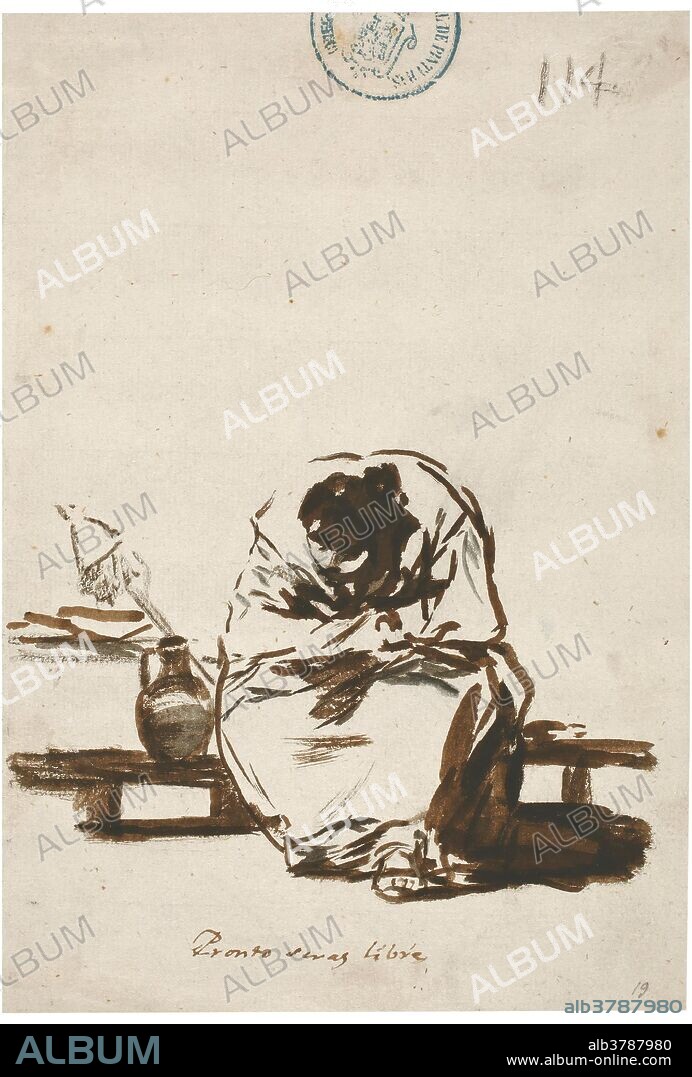 Francisco de Goya y Lucientes / 'Pronto seras libre. Álbum C, 114'. 1810 - 1811. Aguada, Pincel, Tinta de hollín, Tinta parda, Tinta ferrogálica sobre papel verjurado, papel continuo rosado, 205 x 144 mm.