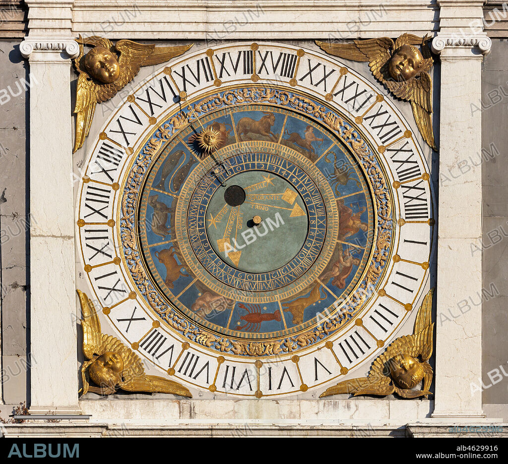 Brescia, piazza della Loggia (a Renaissance square where the Venetian influence is evident), the Clock Tower (1540 - 1550): the astronomical quadrant with concentric rings, decorated in gold and blue and with symbols of the Zodiacal signs.