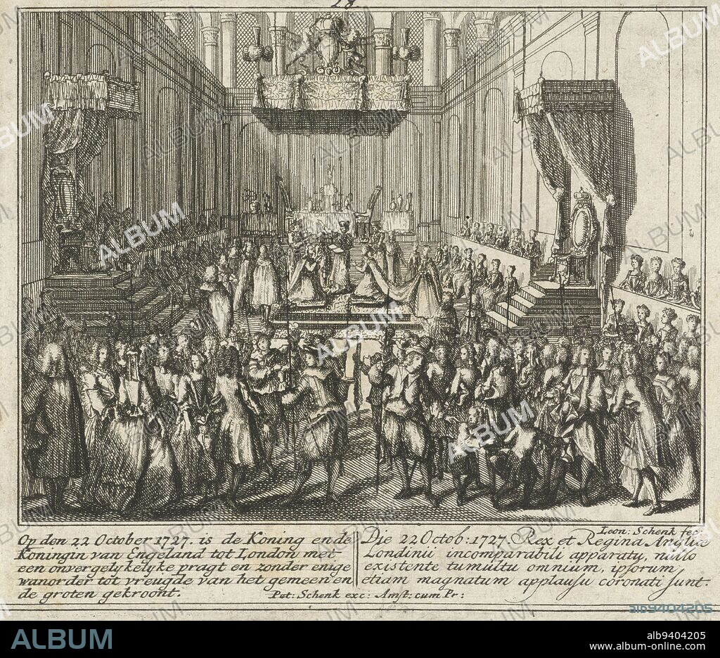 Coronation of George II, King of England, and his wife in Westminster Abbey, London, 11 or 22 October 1727. With captions in Dutch and French. Fragment of a large plate with nine representations of events from the year 1727, Coronation of George II, King of England On the 22nd of October 1727, the King and Queen of England were crowned in London with unforgettable pomp and without any disorder to the joy of the common people and the great , print maker: Leonard Schenk, Adolf van der Laan, publisher: Pieter Schenk (II), (mentioned on object), Amsterdam, 1727 - 1729, paper, etching, h 157 mm × w 187 mm.