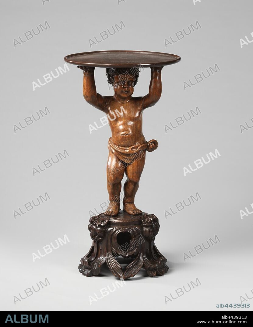 Guéridon, Guéridon in the form of a naked boy clothed with loincloth and holding a tray with both arms above his head, Guéridon in the form of a naked boy or putto with loincloth, carrying a round tray with arms raised on his head. On an openwork pedestal that is adorned with lush leaf and flower work., anonymous, Indonesia, c. 1690 - c. 1740, teak (wood), ironwood, h 84.0 cm × d 45.5 cm.