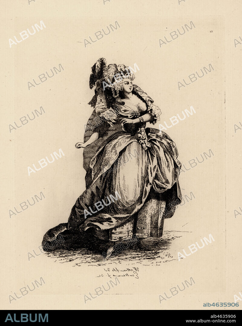 Woman in hairstyle and dress inspired by the opera La Caravane du Caire, era of Marie Antoinette. Grande coeffure et ajustement a la Caravanne. Copperplate etching by Auguste Etienne Guillaumot from Costumes et coiffures du XVIIIe siecle, Costumes and hairstyles of the 18th century, Cagnon, Paris, 1875. Original illustration by Francois Louis Joseph Watteau from the Gallerie des Modes et Costumes Francais, 1778-1787.