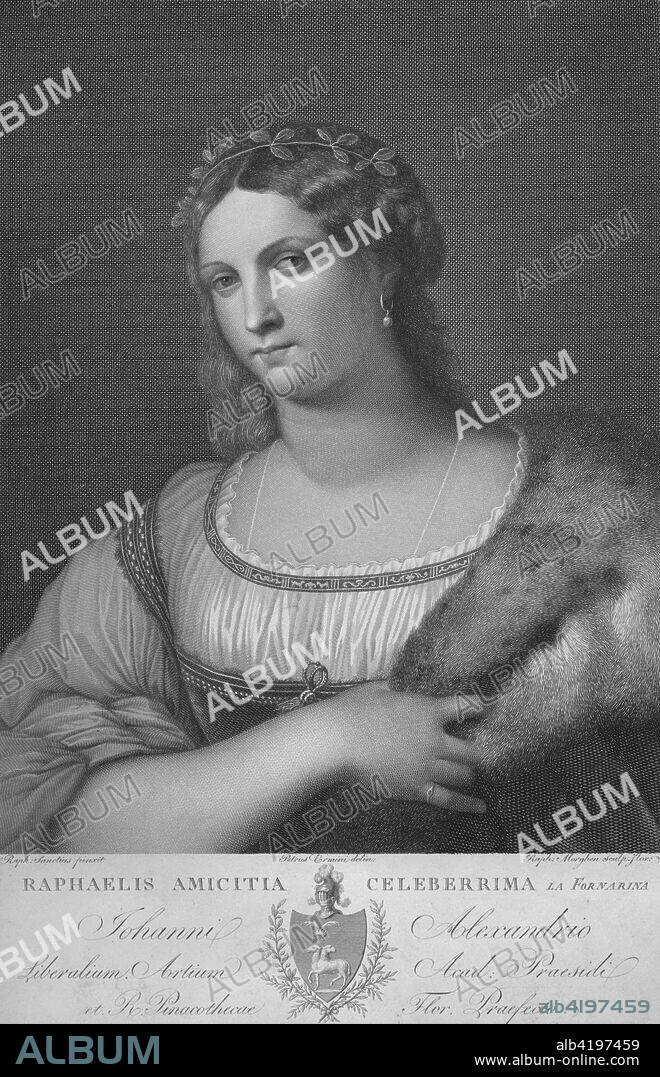 'La Fornarina', c1814. So-called portrait of Raphael's mistress, the Fornarina, (in fact after Sebastiano del Piombo). Engraving by Raphael Morghen after a drawing by Pietro Ermini, after del Piombo's painting, dated 1512, in the Uffizi Gallery in Florence.