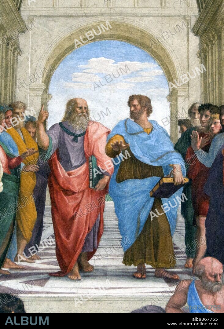 Italy: Central detail from 'The School of Athens', featuring Greek philosophers Plato (red robe) and Aristotle (blue robe). Raphael (1483 - 1520), painted between 15091511 (Apostolic Palace, Vatican City).<br/><br/>. 'The School of Athens', or Scuola di Atene in Italian, is one of the most famous frescoes by the Italian Renaissance artist Raphael. It was painted between 1509 and 1511 as a part of Raphael's commission to decorate with frescoes the rooms now known as the Stanze di Raffaello, in the Apostolic Palace in the Vatican.