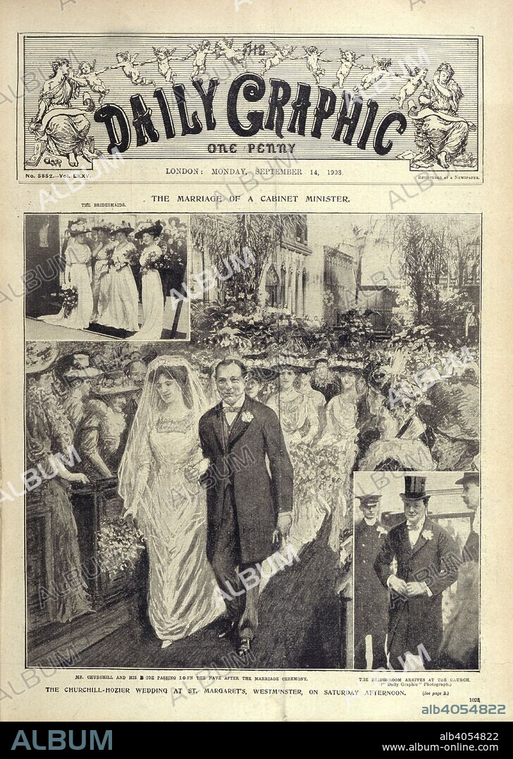 Churchill - Hozier Wedding. The Daily Graphic. London, September 14, 1908. The marriage of a cabinet minister'. 'The Churchill - Hozier wedding at St. Margarets, Westminster, on Saturday afternoon'. The marriage of Winston Churchill and Clementine Hozier.  Image taken from The Daily Graphic.  Originally published/produced in London, September 14, 1908. . Source: Colindale, front page. Language: English.