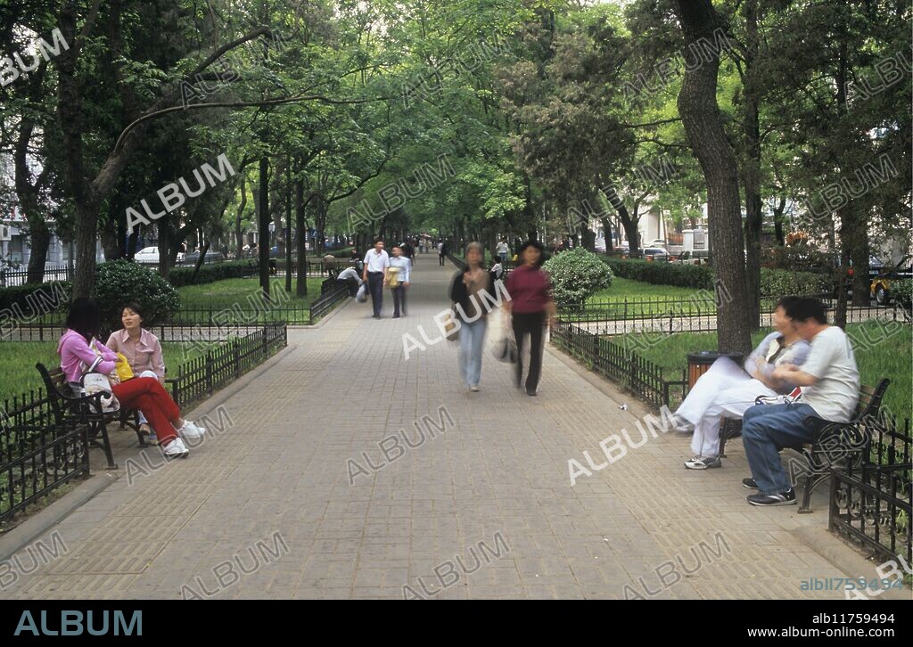 People walking shady Cheng Gen Relic Park near Dong Hua Men Dajie in Beijing *** Local Caption ***.