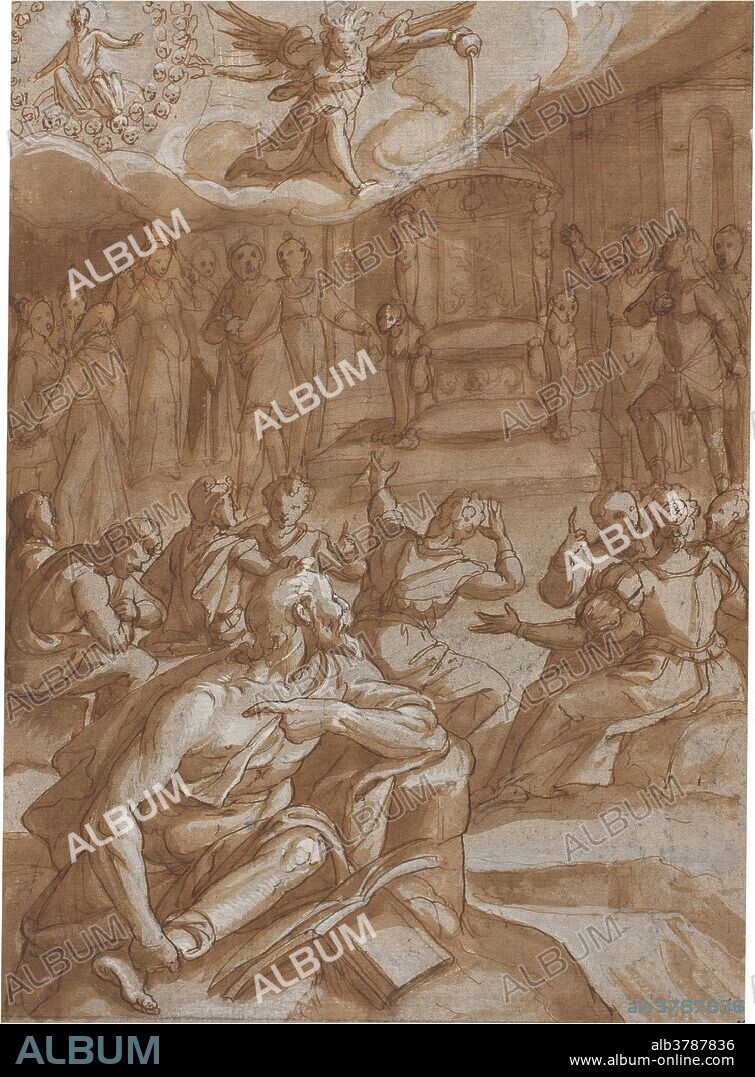 ANÓNIMO. Anónimo (Círculo de Paggi, Giovanni Battista) / 'Alegoría de un matrimonio Real / Un rey sentado a la mesa con una joven enfrente de él'. Segunda mitad del siglo XVI. Aguada, Albayalde, Pluma, Preparado a lápiz, Tinta parda sobre papel teñido, 323 x 268 mm.