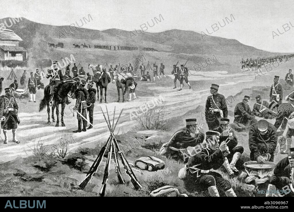 GUERRA RUSO-JAPONESA (1904-1905). Japón entró en guerra con Rusia con la finalidad de asegurarse intereses capitales en Corea y sur de Manchuria. "Campamento japonés en el período de concentración". Grabado de La Ilustración Española y Americana, 1904.