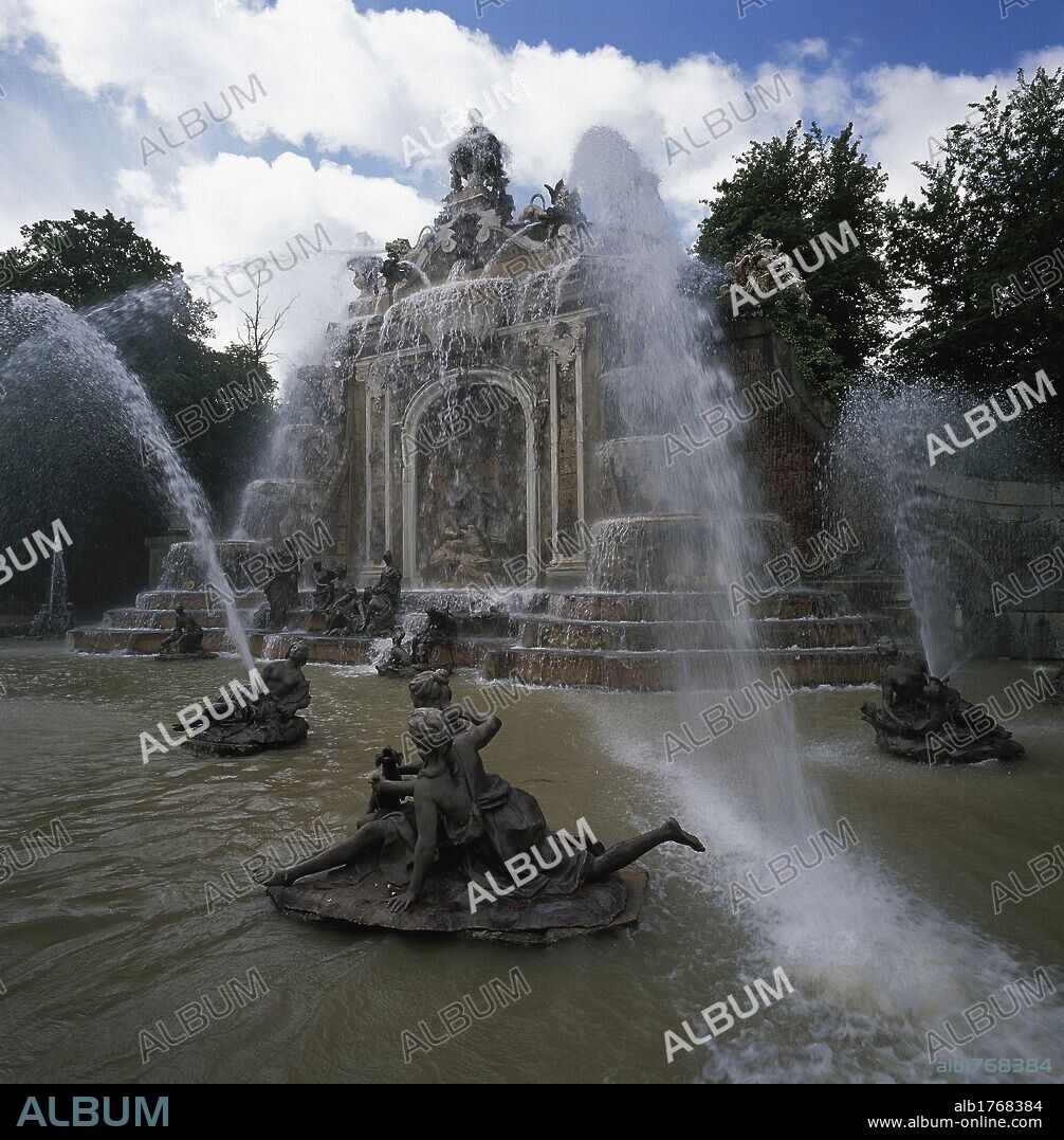 Spain. Castile and Leon. San Ildefonso. Royal Palace of La Granja de San Ildefons. The Gardens. Fountain Baths of Diane. Built by Demaudre and Pitue. Baroque style. View.