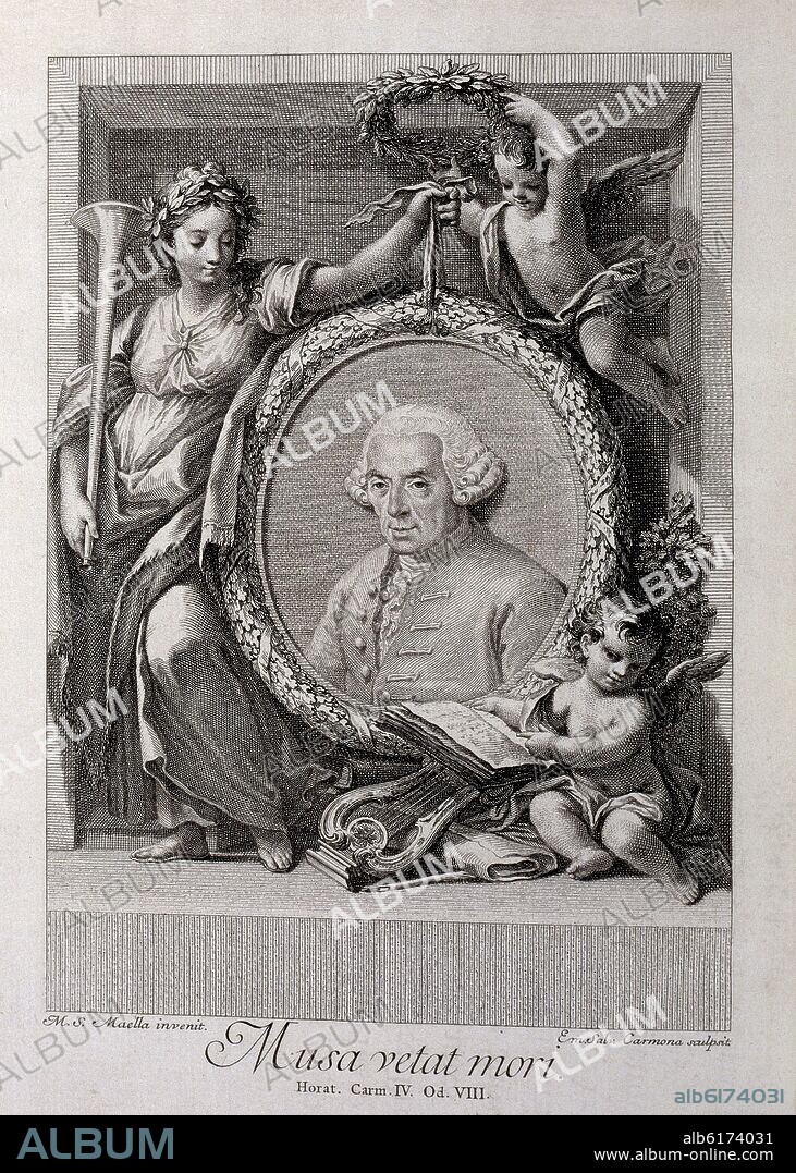 MANUEL SALVADOR CARMONA (1734/1820). CONTRAPORTADA - GRABADO DE JUAN IRIARTE DEL LIBRO "OBRAS SUELTAS" DE JUAN DE IRIARTE - MADRID - 1774.