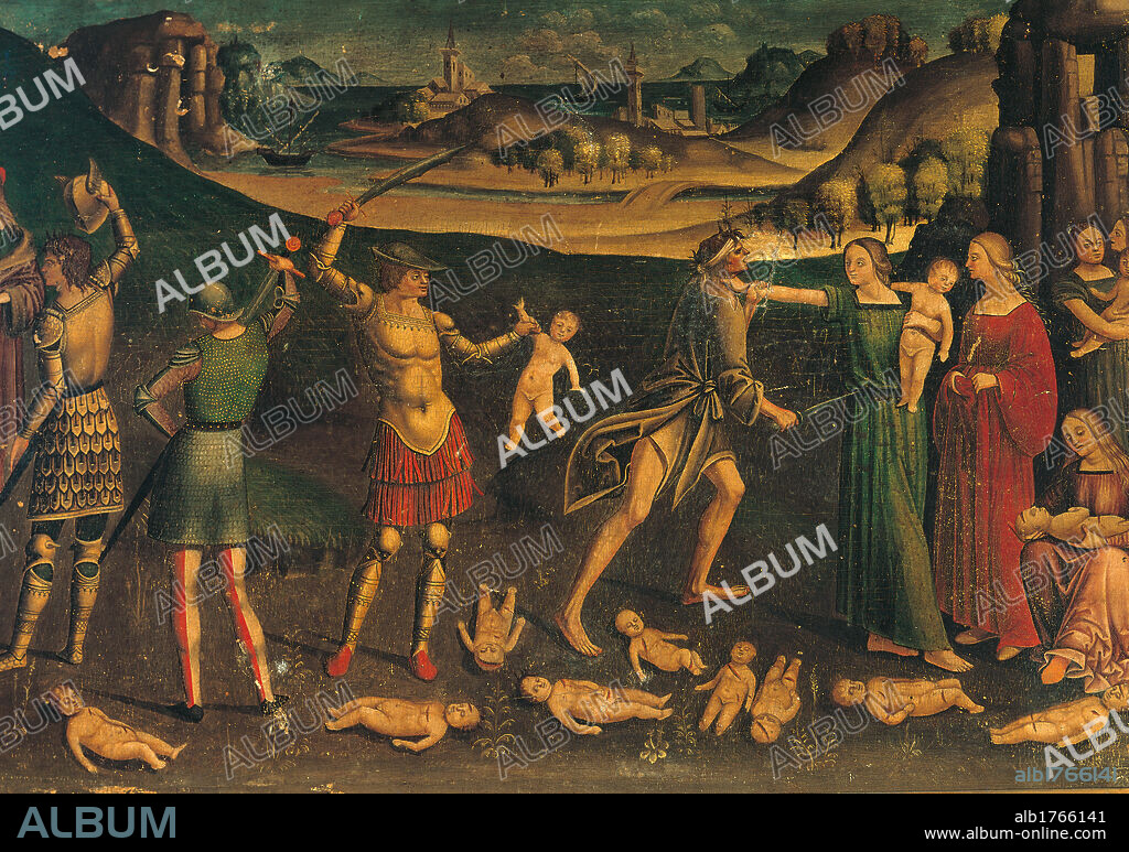 The Slaughter of the Innocents, by Giovanni Pagani, Vincenzo Pagani, 1517, 16th Century, panel, cm 32 x 78. Italy, Lombardy, Milan, Brera art gallery. Detail. The Slaughter of the Innocents dead new born children soldiers swords cuirasses mothers grief dead red green shades tones hues of brown foreshortened view landscape river bridge hills castle. Authorization required for non editorial use.